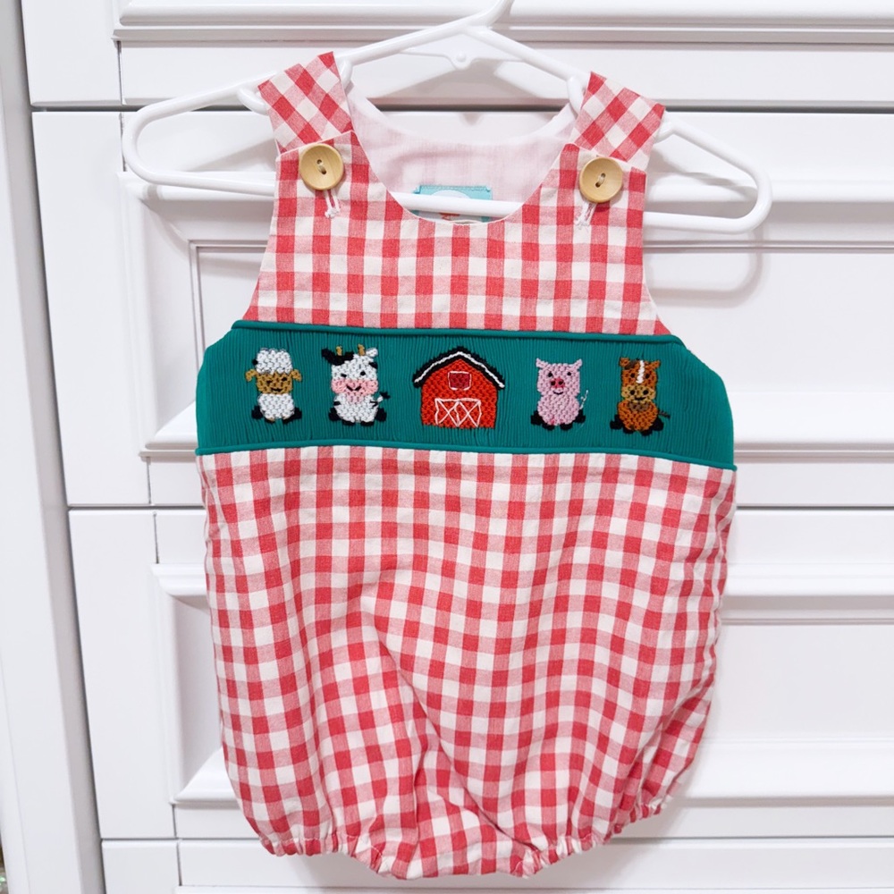 Red Smocked Gingham Baby Romper with Farm Animals NWT size 6 months